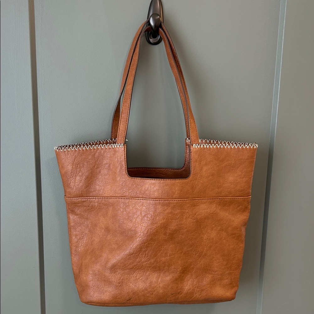 Market & Spruce Cognac Tote with Contrast White Stitching